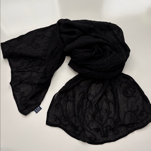 Vintage GAP 1990s Sheer Black Scarf Tonal Scroll Embroidery Minimalist Retro - Picture 8 of 9